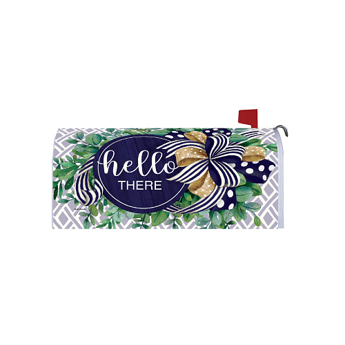 Mailbox cover with decorative eucalyptus design, bow, and 'hello there' text on a white, patterned background