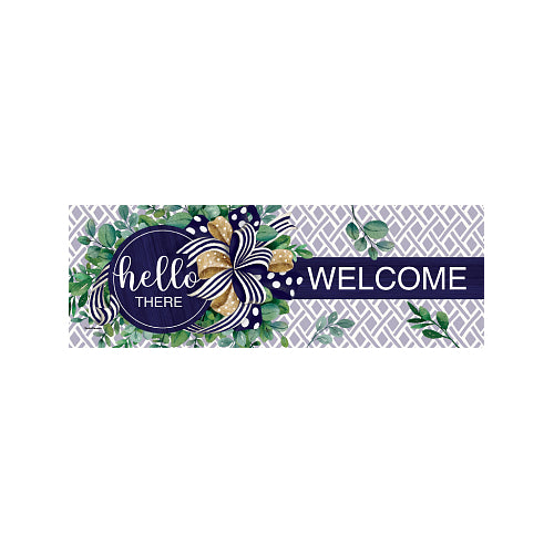Decorative hello there, welcome yard sign with floral design and text on a white patterned background