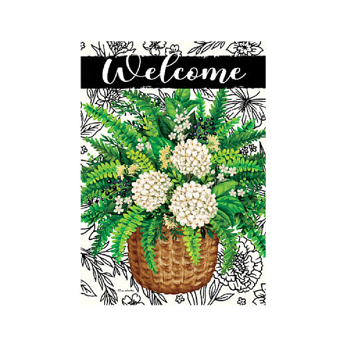 Decorative garden flag with a floral design and 'Welcome' text on a white background