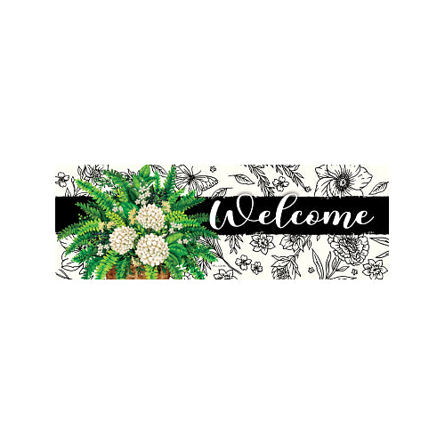 Decorative yard sign with floral elements and the word 'Welcome' on a white background