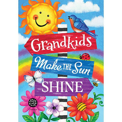 Colorful summer scene featuring a smiling sun, flowers rainbow and a sign stating Grandkids make the sun shine.