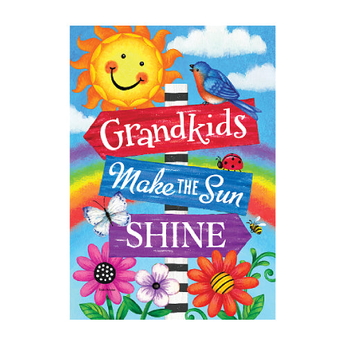 Colorful summer scene featuring flowers, a smiling sun, rainbow and a sign with the message "Grandkids Make the Sun Shine."