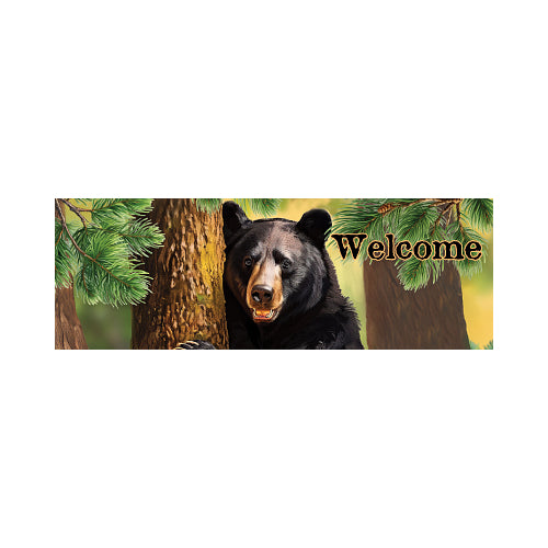 Black bear peeking from behind a tree with 'Welcome' text in a forest setting