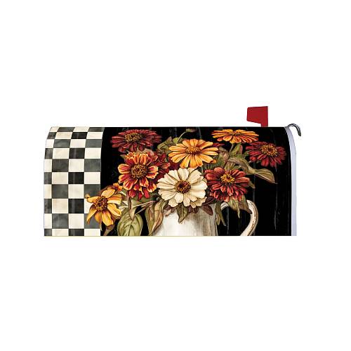 Vintage Fall Flowers Fall magnetic mailbox cover with zinnias and pumpkins