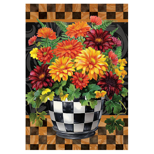 BRILLIANT MUMS Standard Size Fall Flag - vibrant orange, yellow and burgundy chrysanthemums in a black and white checkered pot, standard decorative fall flag by Custom Decor