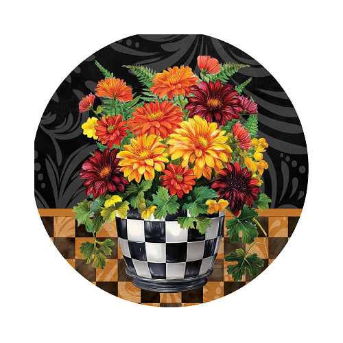 Brilliant Mums suncatcher with vivid chrysanthemums in a checkered pot
