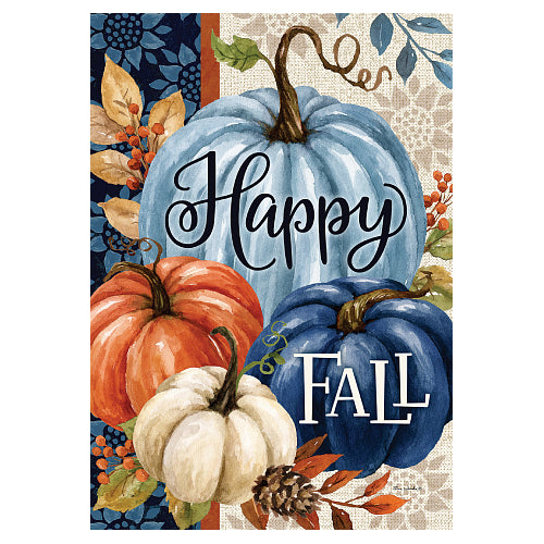 Decorative flag with pumpkins and 'Happy Fall' text on a colorful background