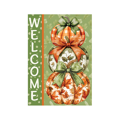 Decorative garden flag with pumpkins and bows on a green background and Welcome down the side