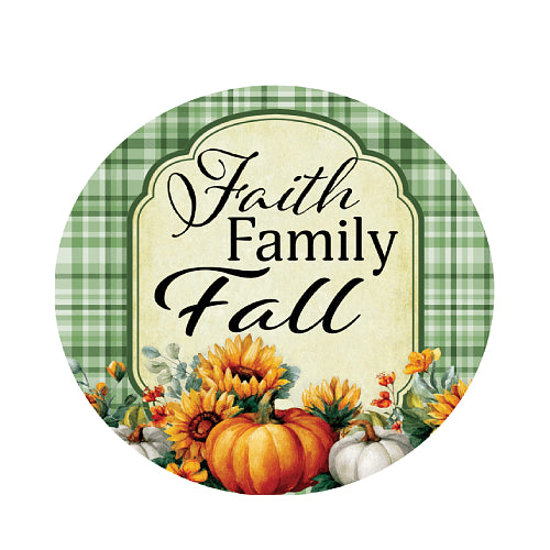 Faith Family Fall suncatcher with script greeting, sunflowers, and pumpkins