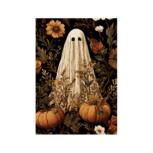 Vintage Ghost garden-size Halloween flag with floral ghost and pumpkins design