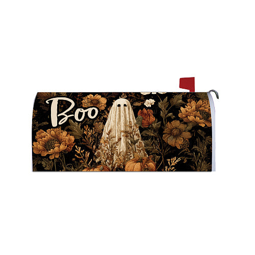 Vintage Ghost Halloween magnetic mailbox cover with floral ghost and pumpkins design