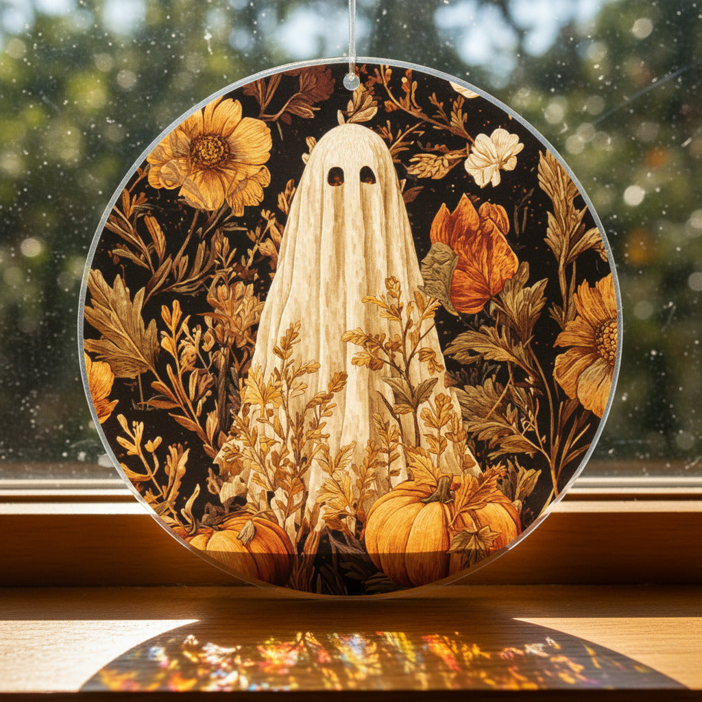 Circular clear PVC sun catcher featuring a vintage-style illustrated ghost surrounded by autumn florals and pumpkins, for Halloween window decor
