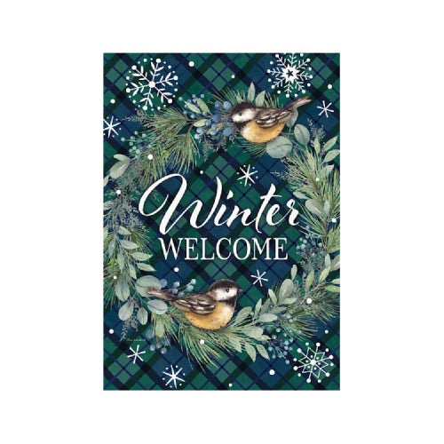 Chickadee Wreath Winter Welcome garden flag with chickadees and pine wreath