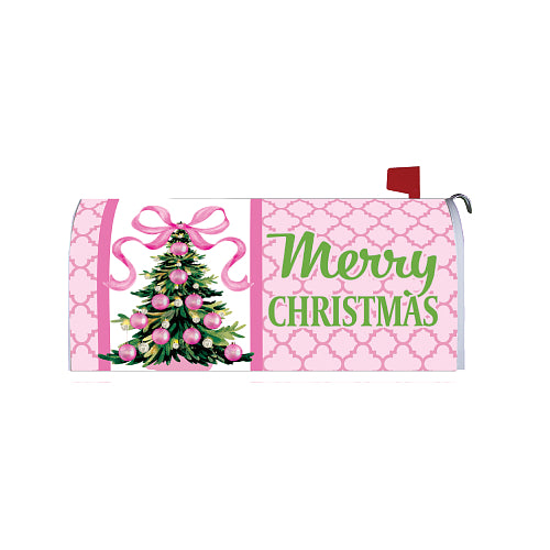 Pink Christmas Tree magnetic Christmas mailbox cover, showing a pink-ornament fir and green Merry Christmas script