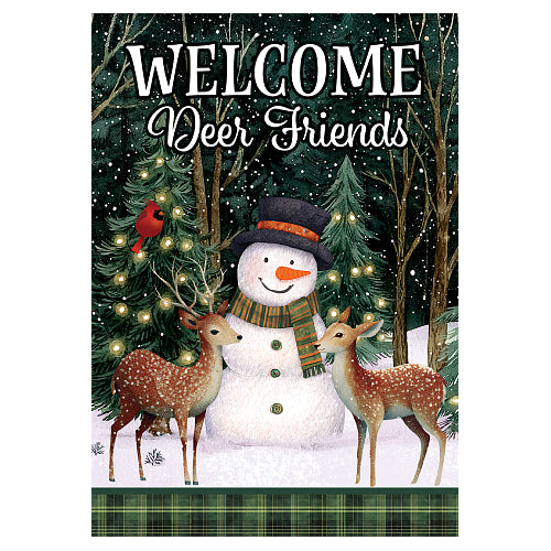 Deer Friends winter welcome house flag with snowman and fawns for front porch display