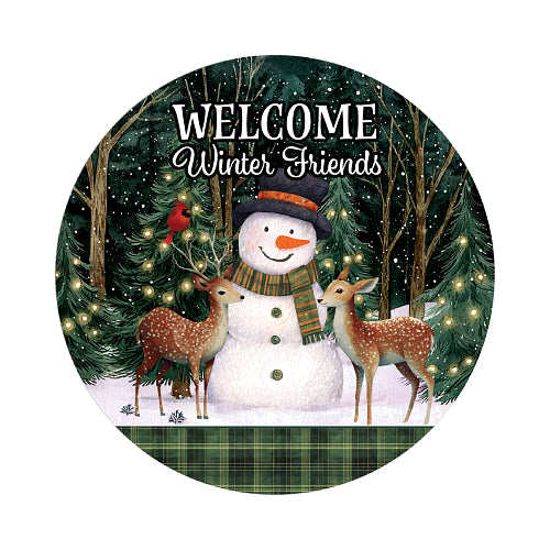 Deer Friends suncatcher with a snowman, two fawns, and a cardinal