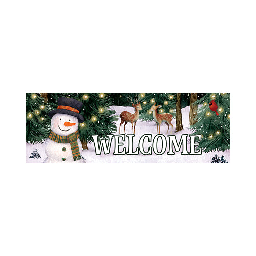 Deer Friends winter welcome yard sign with snowman, fawns, and cardinal