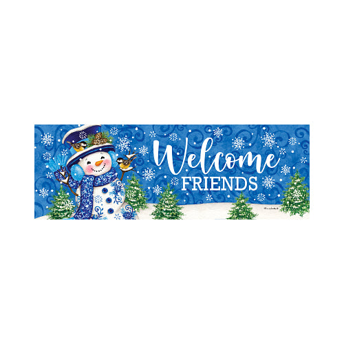 Chinoiserie Snowman Welcome Friends winter yard sign with chickadee