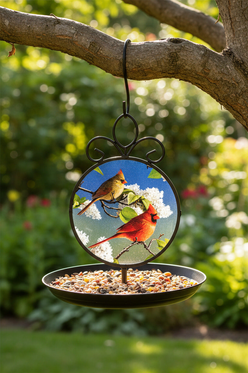 A round bird feeder with a decorative black metal frame showcasing an interchangeable Suncatcher depicting two cardinals perched among white blossoms against a blue sky. The Suncatcher frame sits on a black tray filled with birdseed.
