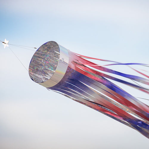 Close up of the Patriotic Mylar windsock blowing in the breeze