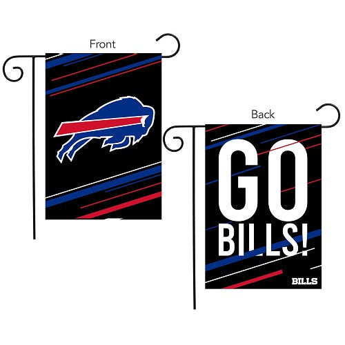 Two-sided flag with Buffalo Bills logo on one side and 'GO BILLS!' text on a black background with red and blue stripes on the other.
