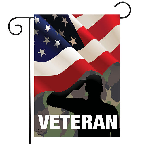 Garden size flag featuring a waving American and the silhouette of a solder saluting