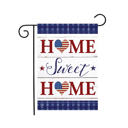 Decorative garden flag with 'Home Sweet Home' text and American flag hearts