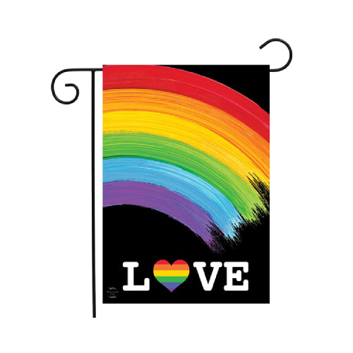 Rainbow flag with 'LOVE' text and a rainbow heart on a black background