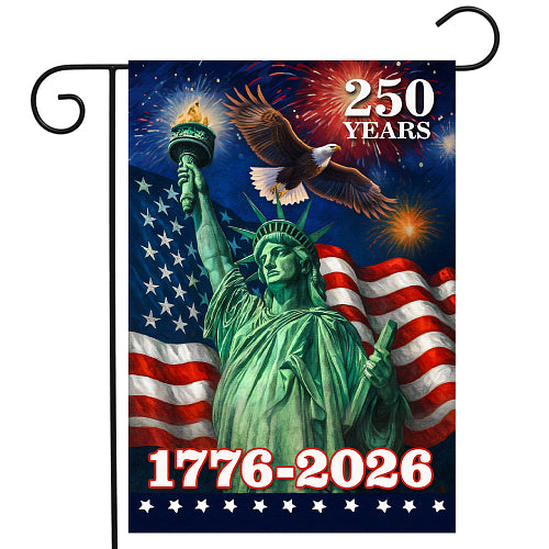Decorative flag celebrating the USA's 250th anniversary with American flag, stature of liberty and eagle design.