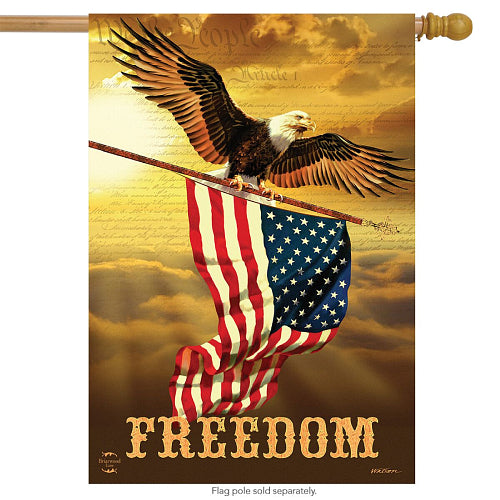 Flag with an eagle holding an American flag and the word 'Freedom' against a golden sky.