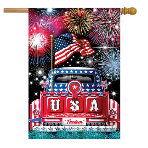 Briarwood Lane USA Pickup house flag featuring a patriotic American-themed pickup truck design with bold red, white, and blue artwork, displayed on a front porch or entryway flagpole.