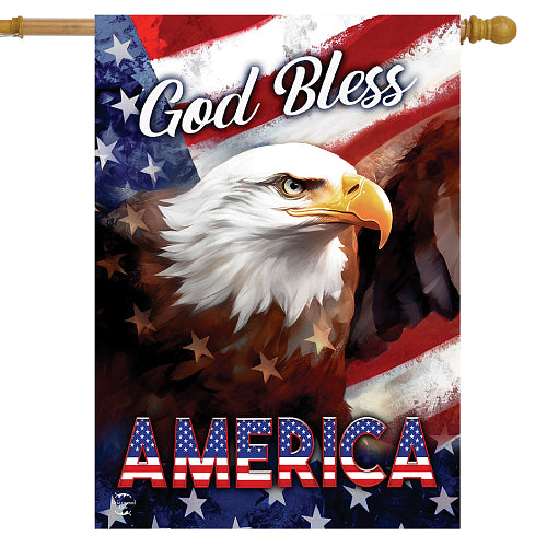 Flag with an eagle and 'God Bless America' text on an American flag background