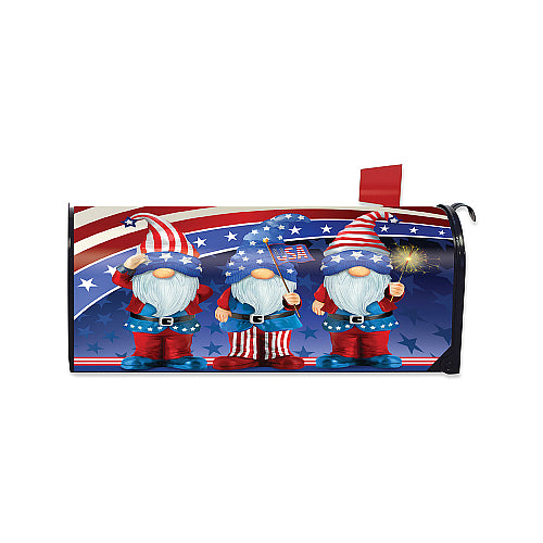 Mailbox cover with patriotic design featuring humorous gnomes holding American flags and sparklers.