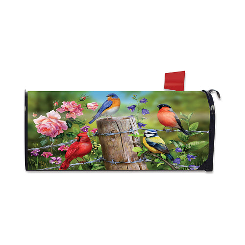 Mailbox cover with colorful birds and flowers design on a white background