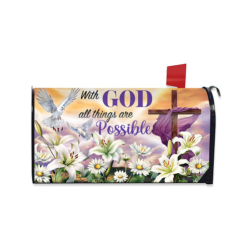 Mailbox cover with cross, flowers, and 'With God all things are possible' text