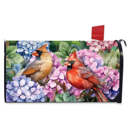 Large mailbox cover with cardinals amidst colorful hydrangeas