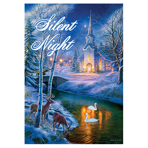Winter Church standard house flag 28 x 40 with glowing church and Silent Night