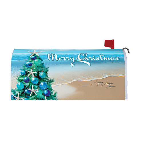 Beach Tree oversized mailbox cover with Christmas tree and sandpipers