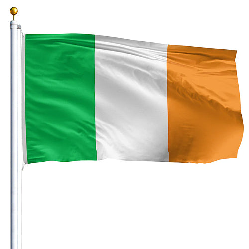 Tricolor flag of Ireland with green, white, and orange colors on a white background