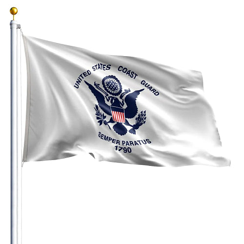 United States Coast Guard flag with emblem and text on a white background