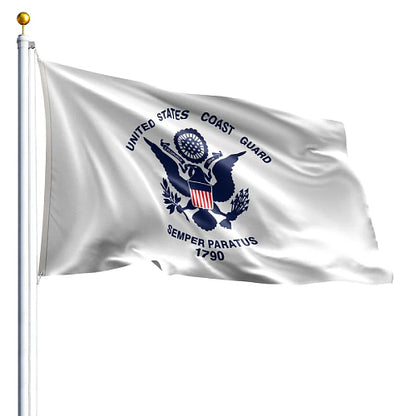 United States Coast Guard flag with emblem and text on a white background