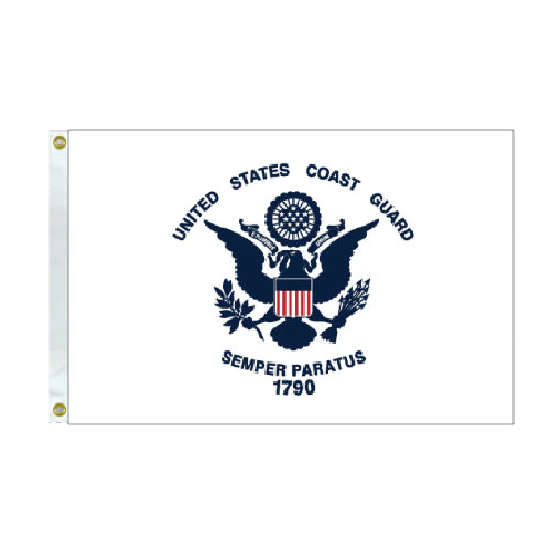 United States Coast Guard flag with emblem and text on a white background