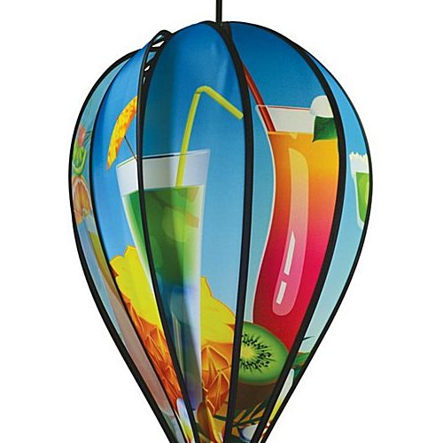 Decorative hot air balloon with colorful drinks and fruits on a sky blue background