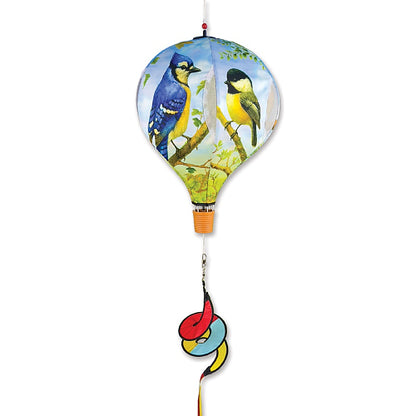 Decorative hanging, hot air balloon spinner with bird design