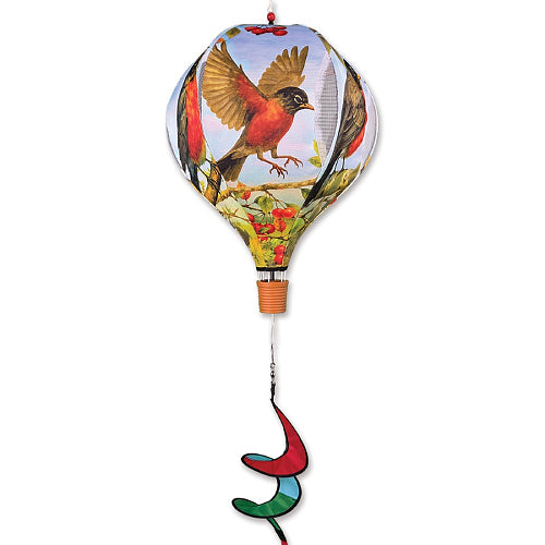 Decorative hot air balloon with beautiful robin design with a curly tail below the basket