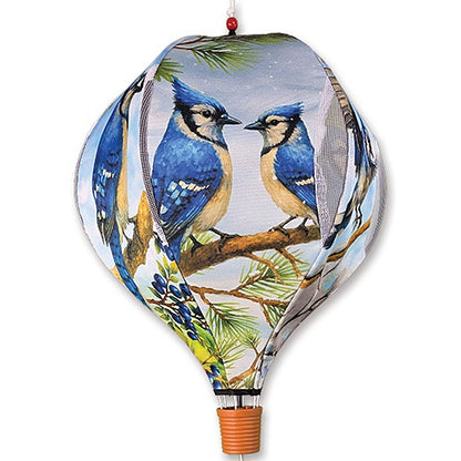 Hanging hot air balloon spinner featuring beautiful blue jays design