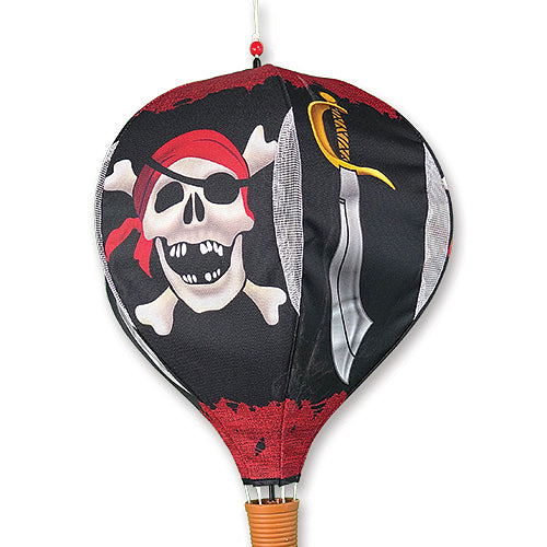 A pirate-themed hot air balloon decoration or toy, featuring a black and red body with a skull and crossbones, an eyepatch, a gold cutlass, and a red bandana