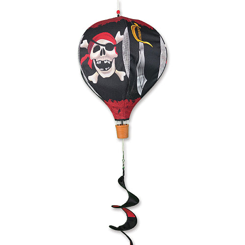 A pirate-themed hot air balloon wind spinner featuring a skull and crossbones with a red bandana, a silver sword, and a yellow parrot on a black balloon, with a black and red spiral tail.