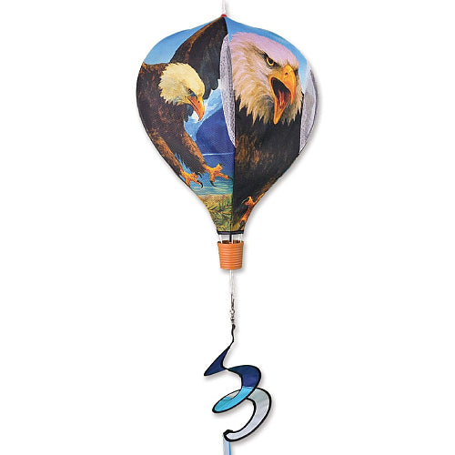 Decorative hot air balloon spinner featuring beautiful eagles and a curly tail below the basket