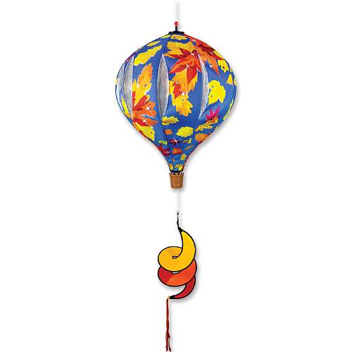 Colorful hot air balloon windsock with autumn leaf design on a white background